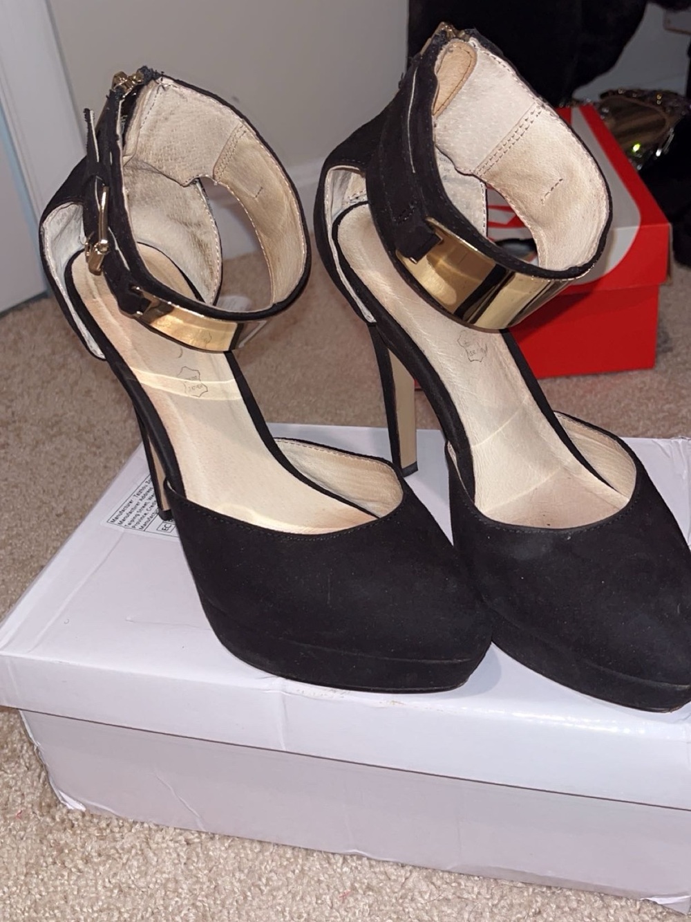 Aldo Black Platform Ankle-Strap Heels with Gold Cuff
